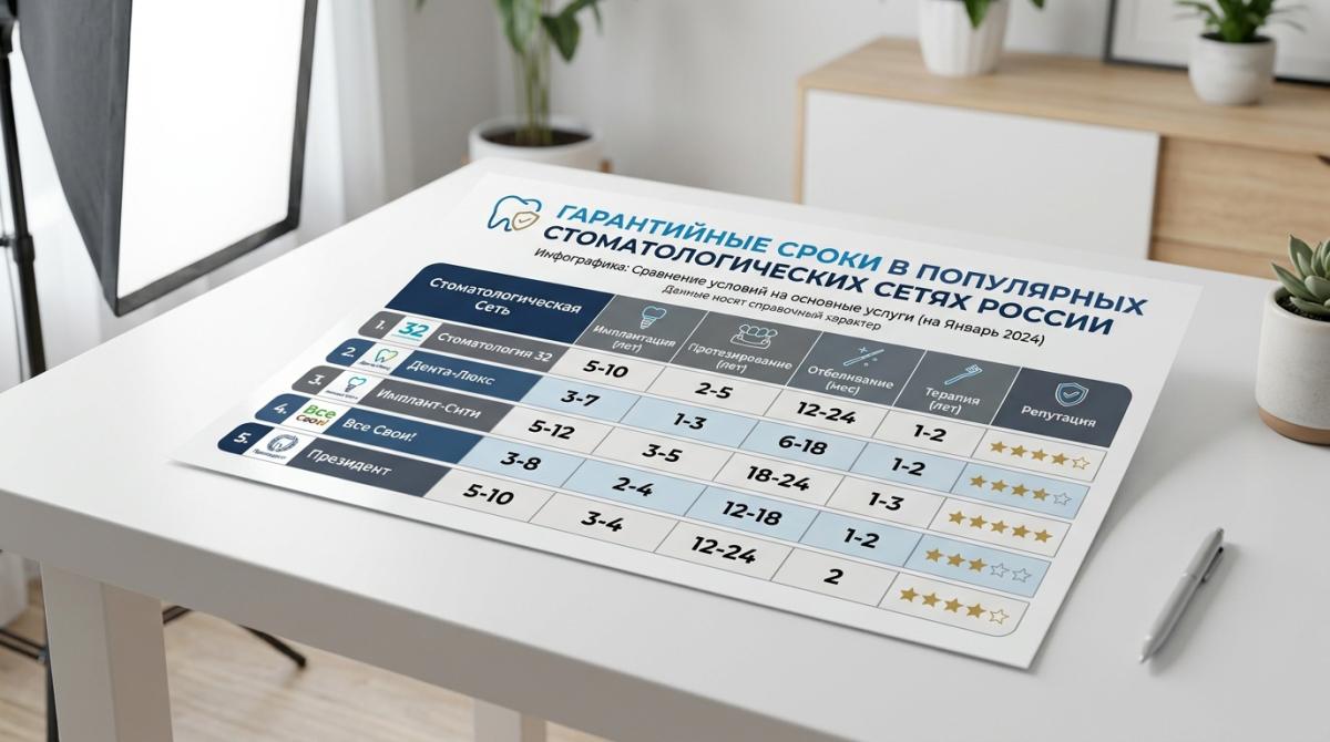 Инфографика с таблицей гарантийных сроков в популярных стоматологических сетях России