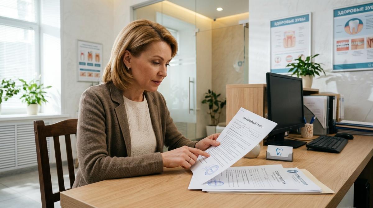 Пациент с документами на столе у администратора стоматологической клиники обсуждает активацию гарантии