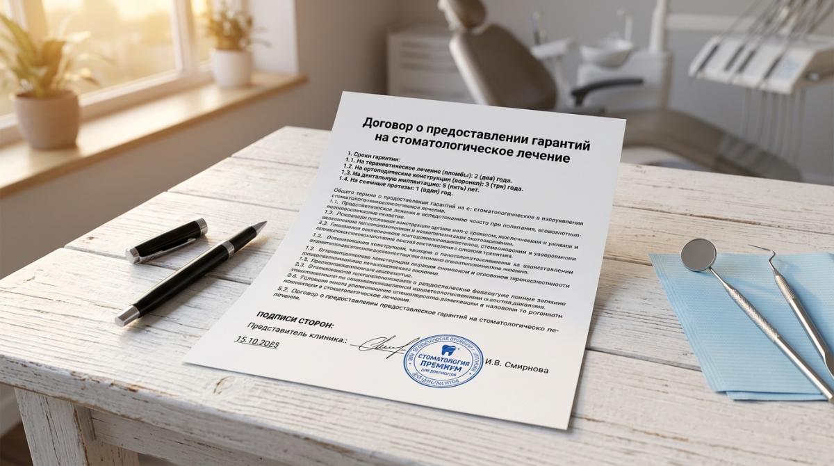 Договор о гарантиях на стоматологическое лечение с подписью врача и печатью клиники