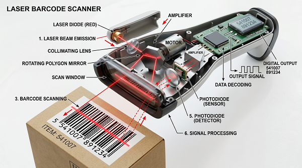 Схема принципа работы лазерного сканера штрих-кода