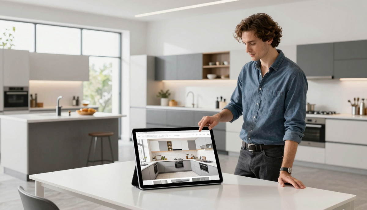 Вступительный блок: дизайнер показывает каталожную выборку на планшете в светлой кухонной выставке; на фоне — несколько стилей кухонь.