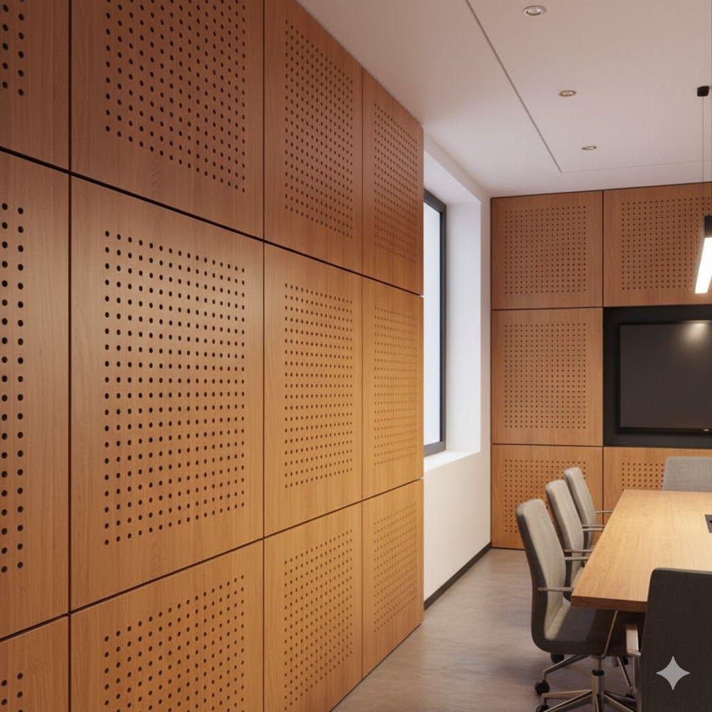 акустические панели для стен в переговорной: перфорация, ткань и шпон