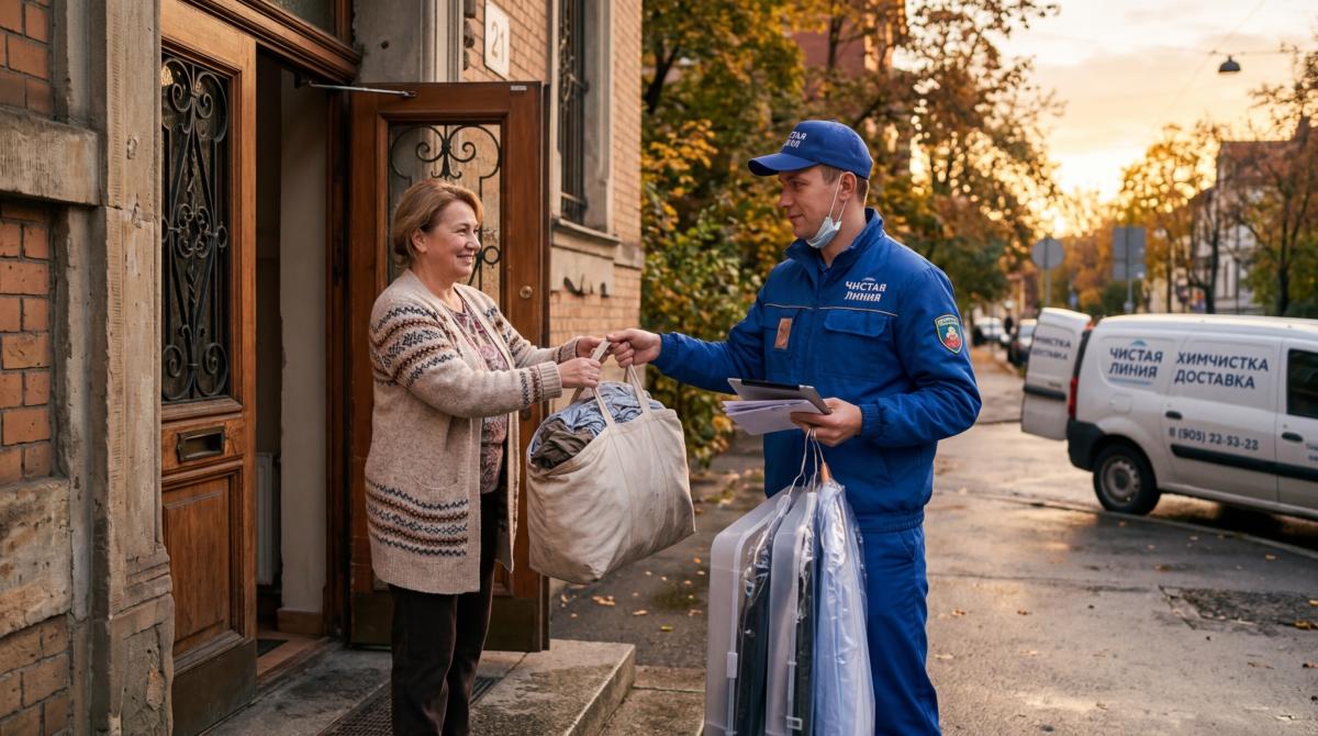 Курьер выездной химчистки забирает одежду от клиента у двери дома с контейнерами и документами