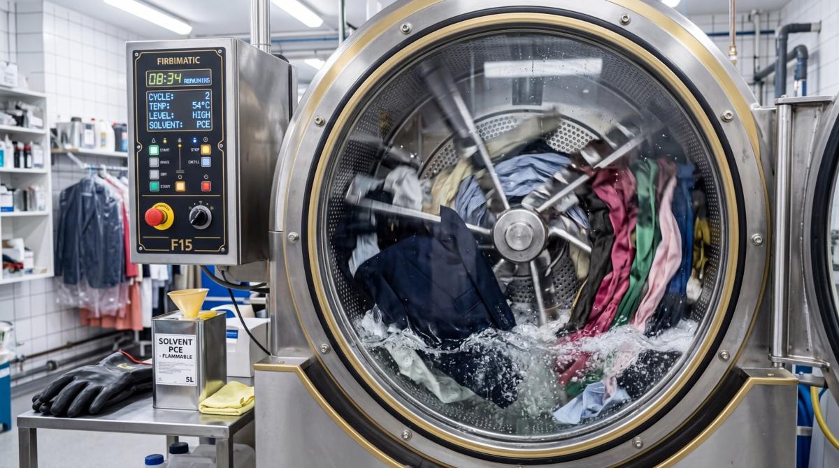 Профессиональное оборудование химчистки обрабатывает одежду в сухом барабане с растворителем