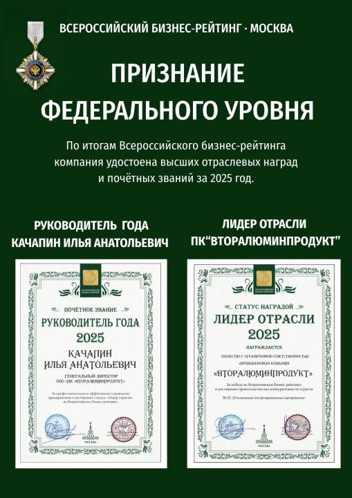 ООО «ПК «Вторалюминпродукт» удостоено звания «Лидер отрасли 2025» по версии Всероссийского бизнес-рейтинга